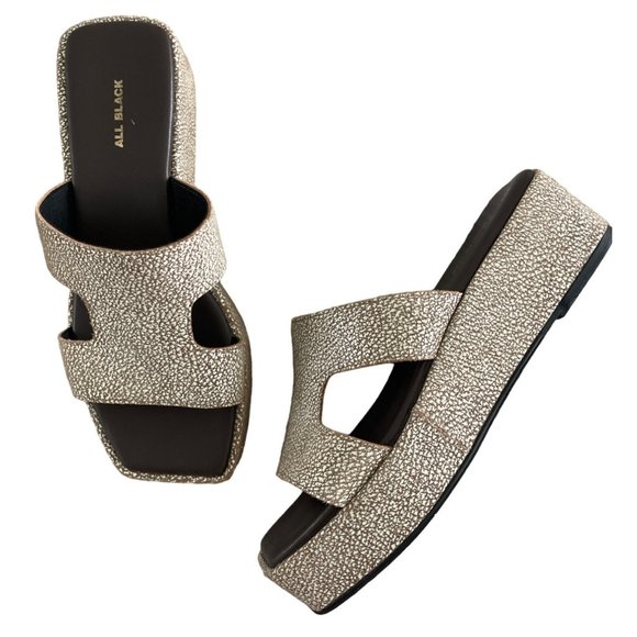 ALL BLACK FOOTWEAR‎ Blunt T Wedge Sandals Silver Brown Leather Womens 40 9-9.5 - Picture 3 of 12